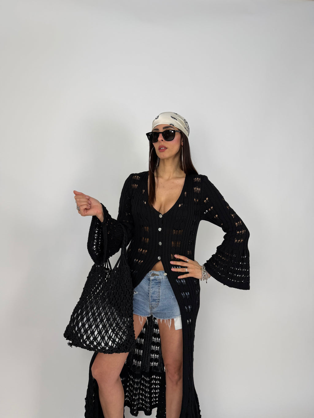 CARDIGAN MACRAMÉ NERO
